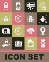 Set Mobile and face recognition, System bug, Server, Data, Web Hosting, Shield with WiFi wireless, Cyber security, and icon. Vector