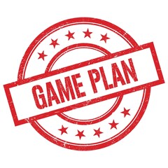 GAME PLAN text written on red vintage round stamp.