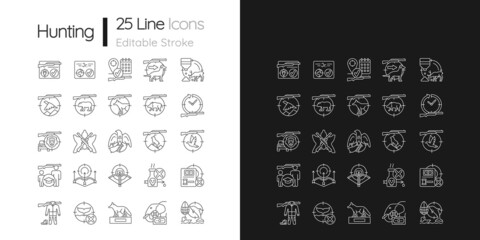 Wild animals hunting linear icons set for dark and light mode. Big and small game hunting. Hunt license. Customizable thin line symbols. Isolated vector outline illustrations. Editable stroke - obrazy, fototapety, plakaty