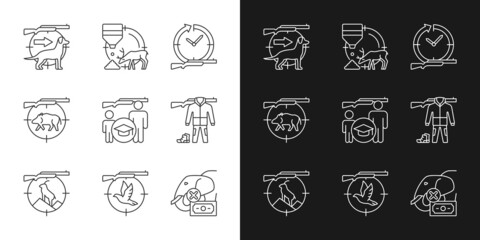 Animal hunter linear icons set for dark and light mode. Dog handler. Pigeon shooting. Illegal animal trade. Customizable thin line symbols. Isolated vector outline illustrations. Editable stroke