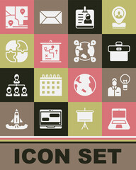 Set Laptop, Human with lamp bulb, Briefcase, Identification badge, Planning strategy concept, Piece of puzzle, Folded map location and Location the globe icon. Vector