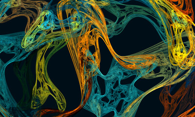 Artistic creative digital 3d abstraction of colorful tangled fibers, viscous adhesive gluey matter in orange, yellow, turquoise and green colors on dark. Great as wall art, print, cover or background. - 455961221