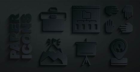 Set Chalkboard, Project team base, Mountains with flag, Worker location, Browser files and Briefcase icon. Vector