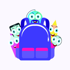 school backpack vector. flat image of a backpack and school supplies with faces. characters in the form of school accessories