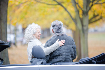 Affectionate, tender senior couple hugging in autumn park near car