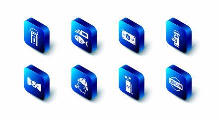 Set Fish and chips, Pound sterling money, London mail box, sign, Golf bag with clubs, Sherlock Holmes, Bow tie and phone booth icon. Vector
