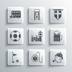 Set Watch with a chain, Sherlock Holmes, Wooden beer mug, Big Ben tower, Golf flag, Football ball, Double decker bus and England on pennant icon. Vector