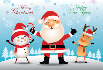 Merry Christmas! Happy Christmas companions. Santa Claus, Snowman, Reindeer in Christmas snow scene.