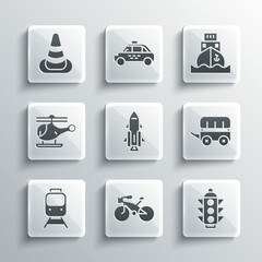 Set Bicycle, Traffic light, Wild west covered wagon, Rocket ship with fire, Train and railway, Helicopter, cone and Cargo icon. Vector
