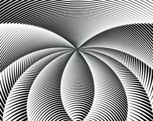 Line art optical art. Psychedelic background. Monochrome background. Optical illusion style. Black dark background. Modern pattern. Abstract graphic texture. Graphic ornament. Vector template