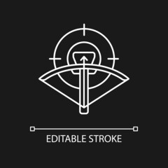 Hunting with crossbow white linear icon for dark theme. Archery. Use camouflage and game call. Thin line customizable illustration. Isolated vector contour symbol for night mode. Editable stroke