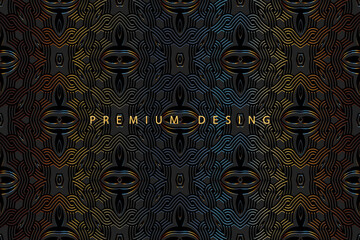 Geometric abstract volumetric convex 3D pattern. Embossed fantasy black background in oriental, indian, mexican, aztec styles. Shiny texture with ethnic ornament. Handmade technique.