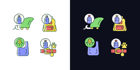 Products from recycled plastics light and dark theme RGB color icons set. Ethical production. Eco-friendly bag. Isolated vector illustrations on white and black space. Simple filled line drawings pack
