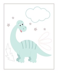 Children's card with dinosaur, cloud and leaves, vector illustration. Cute template for printing postcards, picture or pattern. Delicate pastel baby background.