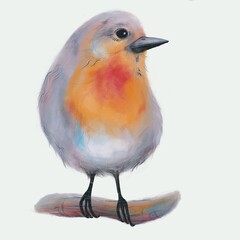 Ilustración digital de petirrojo regordete posado en una rama sobre fondo blanco. Ilustración de colores vivos con textura de acuarela