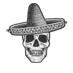 skull in mexican sombrero sketch engraving vector illustration. T-shirt apparel print design. Scratch board imitation. Black and white hand drawn image.