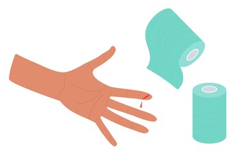 Physical injury. First aid for cuts. Bandaging. Dressings in roll and injured arm. Index finger cut on arm. First Aid Instruction for Cut. Accident, wound, drop of blood