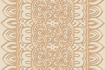 Geometric volumetric convex ethnic 3D pattern. Embossed elegant beige background in handmade style. Cut paper effect, openwork lace texture. Oriental, Indonesian, Asian motives. 