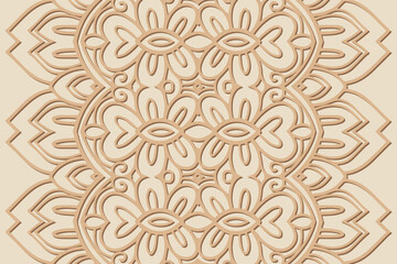 Fototapeta premium Geometric volumetric convex ethnic 3D pattern. Embossed artistic beige background in handmade style. Cut paper effect, openwork lace texture. Oriental, Indonesian, Asian motives.