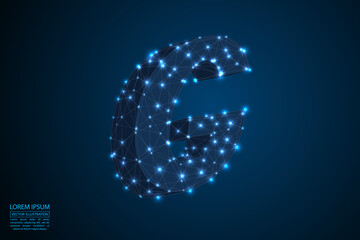 Abstract letters font is made up of triangles, lines, dots and connections. On a dark blue background, stars of the cosmic universe, meteorites, galaxies. Vector illustration eps 10.