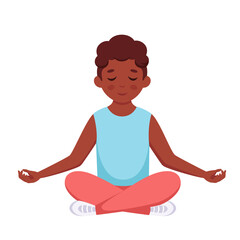 Black boy meditating in lotus pose. Gymnastic, yoga and meditation for children. Vector illustration