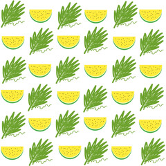 Fresh Yellow Watermelon and Green Leaves Seamless Pattern Design