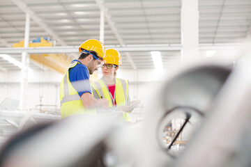 Workers with digital tablet working in factory