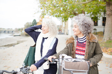 Plakat Smiling active senior women walking bicycles in autumn park