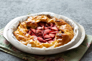 tart with strawberries. Copy space, top view.