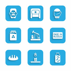 Set Oil pump or pump jack, Slavic pagan idol, Pickled cucumbers in jar, Made Russia, Bread loaf, Jar of honey, Christmas mitten and Joseph Stalin icon. Vector