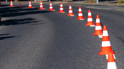 Traffic cones on the road. Empty street.