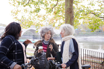 Portrait confident, smiling senior women bike riding in autumn park