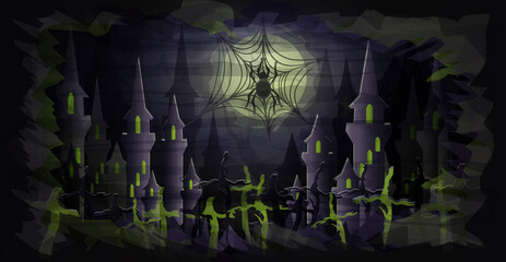 Happy halloween banner with full moon and spider, sinister castle, vector illustration
