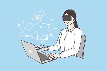 Virtual reality at work concept. Young smiling casual businesswoman sitting at laptop in office in virtual reality headset working in program vector illustration 