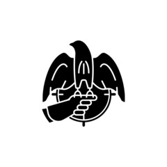 Falconry hunting black glyph icon. Trained hawk, eagle captures small animals. Falcon training technique. Bird of prey. Falconer. Silhouette symbol on white space. Vector isolated illustration
