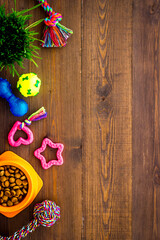 Dog or cat food in bowl with treats and toys, top view