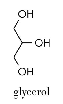 Glycerol (glycerin) molecule. Produced from fat and oil triglycerides. Used as sweetener, solvent and preservative in food and drugs. Skeletal formula.