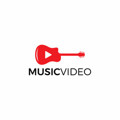 Guitar + play symbol. Music video logo icon.