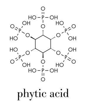 Phytic acid (hexakisphosphate, IP6, phytate) molecule. Present in seeds and grains of many plants, acting as storage form of phosphorus. Skeletal formula.