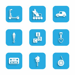 Set ABC blocks, Toy horse, Yoyo toy, Shovel, piano, Sword, car and Scooter icon. Vector