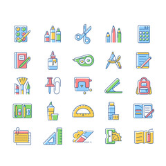 School supplies RGB color icons set. Must-have items for back to school. Instruments for office. Art classroom. Writing tools. Isolated vector illustrations. Simple filled line drawings collection