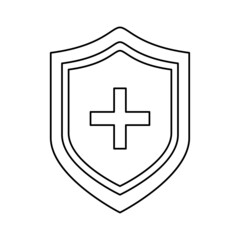 Obraz premium Immune system vector icon logo. Protection against bacteria health viruses. Medical prevention of human germs shield with a white cross and a virus on a white background. Vector illustration