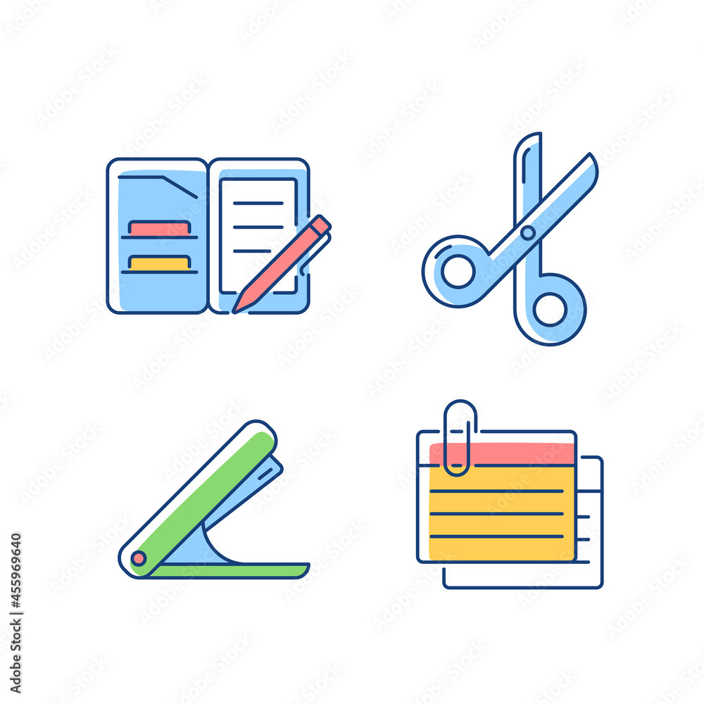 Poster office stationery supplies rgb color icons set. portfolio folder. scissors for paper cutting. stapli