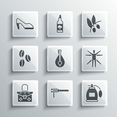 Set Pasta spaghetti, Perfume, Vitruvian Man, Mandolin, Handbag, Coffee beans, Woman shoe and Olives branch icon. Vector
