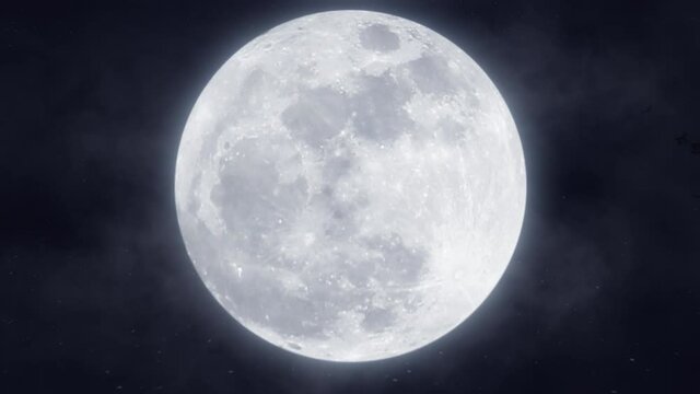 Bright glowing full moon in the sky. Moving fog and clouds. Mystery Moonshine. Dark blue night, evening sky. Halloween mood. Seamless loop aerial clip. 3D render. 4K animation
