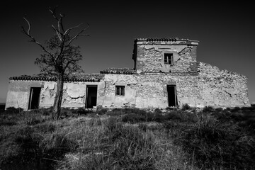 Casa abandonada. Paisaje con casa abandonada y árbol en blanco y negro