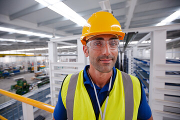 Portrait serious male worker in protective eyewear and hard-hat in factory
