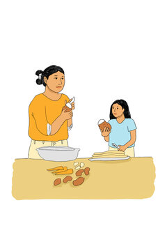 Woman and child peeling potatoes at table