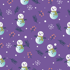 Seamless Christmas pattern with snowman, snow, snowflakes, pine leaves, berries on purple background.Merry Christmas and Happy New Year.
