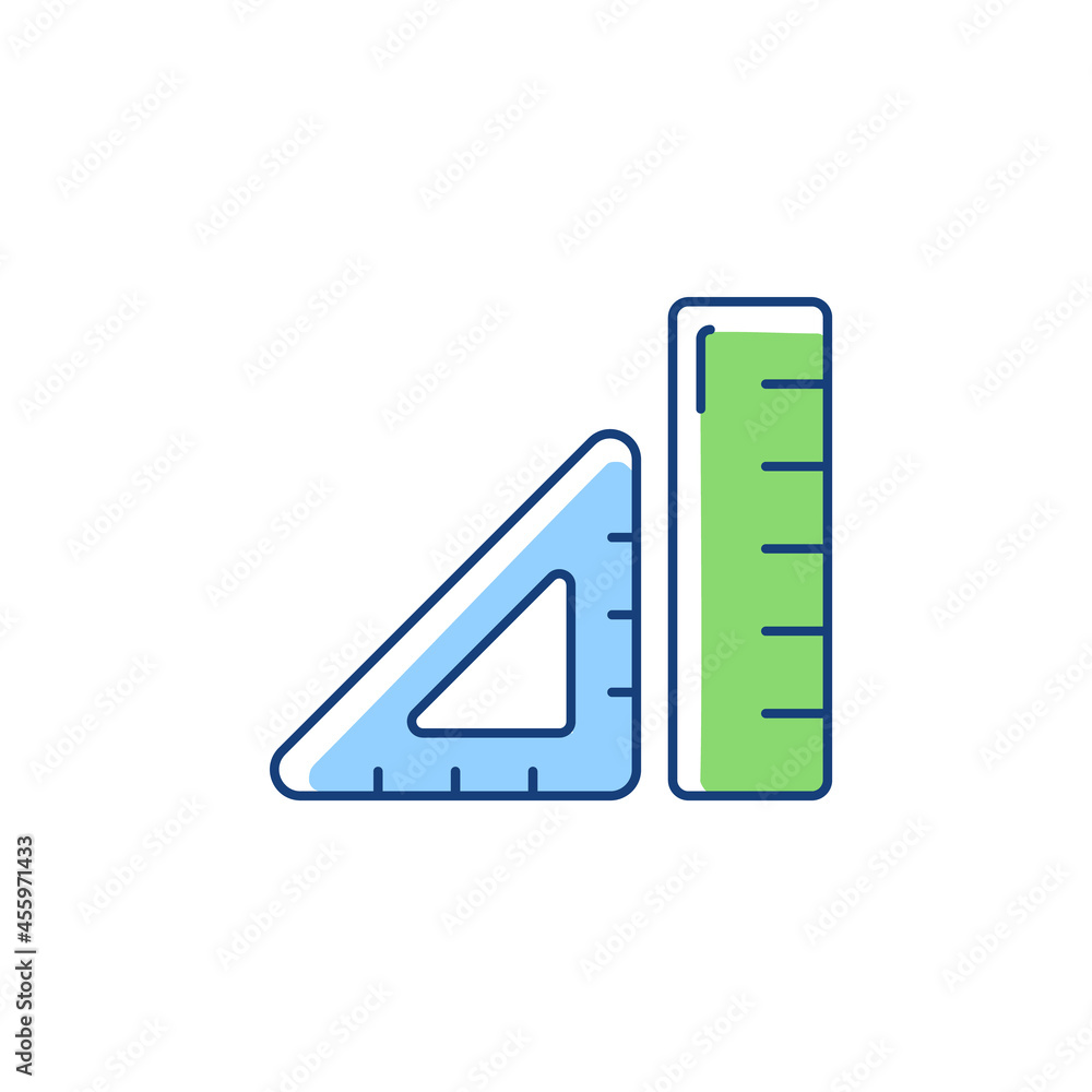 Poster Ruler RGB color icon. Device for geometry class. Tool for drawing straight lines and measuring length. Triangular ruler. Mathematical tool. Isolated vector illustration. Simple filled line drawing